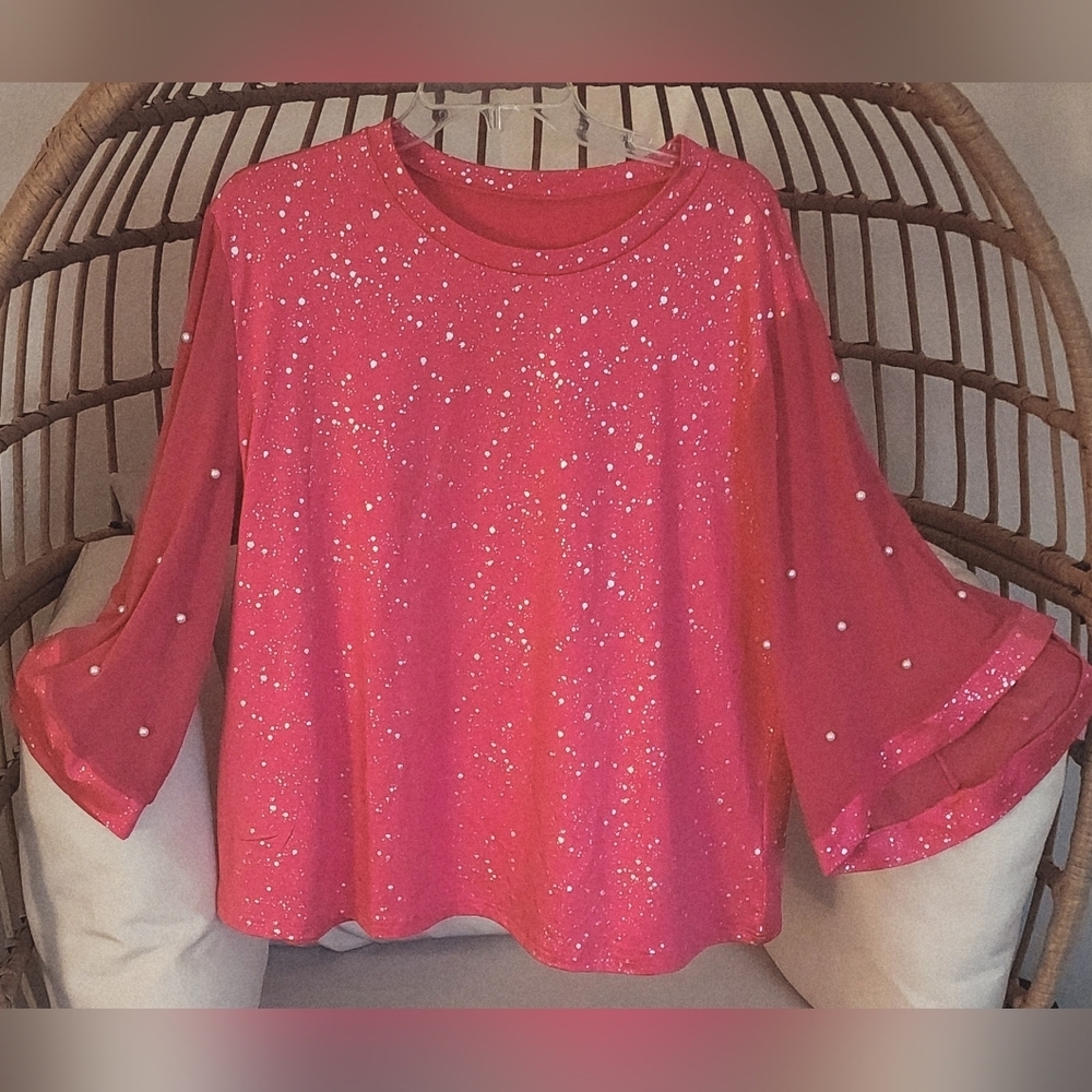 Pink Sequin Top 3/4 Sleeve Woman's Pullover Polyester  Sz 3XL